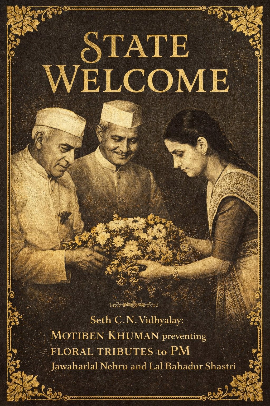 Motiben Khuman Rathod welcoming Prime Minister Jawaharlal Nehru at Sheth C N Vidhyalay 1961